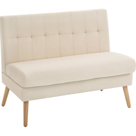 Canapé 2 places compact beige en lin avec dossier capitonné et pieds en bois (1/5)
