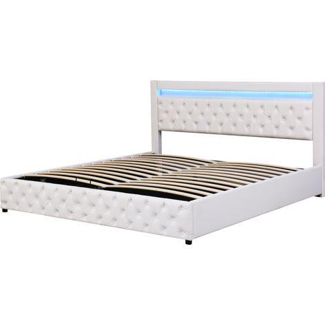 Cama tapizada 180 x 200 cm con somier, arcón de almacenamiento y LED, PU blanco, HOMVRA (1/5)