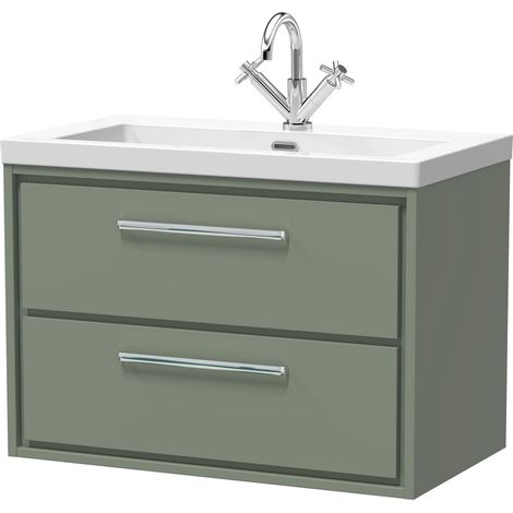 Balterley Longnor Modern Bathroom 2 Soft-Close Drawer Wall Hung Vanity Unit Fireclay Basin, Fern Green, 800mm