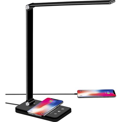 LED-Schreibtischlampe mit kabellosem Ladegerät, einstellbarer Helligkeit und USB-Ladefunktion.