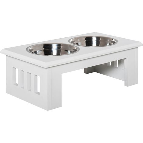 Ciotola doppia rialzata per cani in MDF bianco con ciotole in acciaio inox 58,4 x 30,5 x 25,4 cm (1/5)