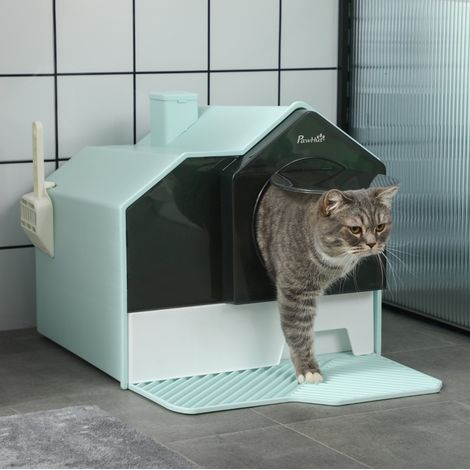 Arenero cerrado para gato, diseño casita, alfombrilla tamiz, pala, bandeja extraíble, verde, OKWISH (1/5)