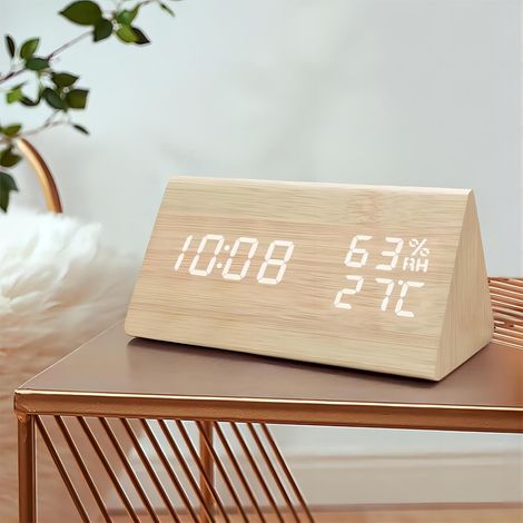 Reloj despertador digital con iluminación LED electrónica, acabado imitación madera (muestra la hora, la fecha, la temperatura y la humedad), admite 3 configuraciones de alarma y 3 niveles de brillo. (1/4)