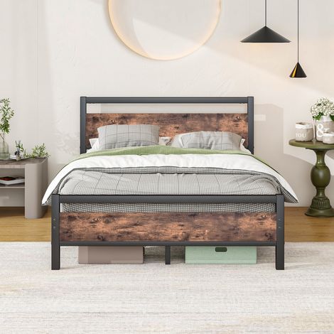 Lit adulte 140x190 cm avec rangement, structure stable, sommier à lattes, métal et MDF brun antique (1/5)