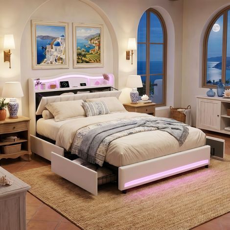 Lit double 140x200 velours, Lit Rembourré LED avec Rangement Tête de Lit, 4 Tiroirs et Prise USB - Beige (1/5)