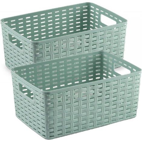 Lot de 3 paniers/boîtes de rangement en rotin tressé plastique - Vert menthe - 19 x 29 x 13 cm - Paniers de rangement (1/2)