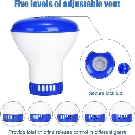 Schwimmender Pooldiffusor, 2er-Pack schwimmender Chlordiffusor mit einstellbarem Durchflussthermometer und Verschlusskappe für alle Schwimmbäder, Whirlpools, Aquarien und Fischteiche (1/4)