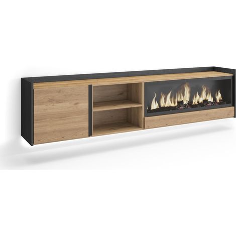 Skraut Home - Meuble TV, Banc Télé, Grand espace de Rangement, 212x35x50cm, Pour les TV jusqu'à 80", Cheminée électrique XXL, Suspendu, Mural, LED, Style moderne, Chêne et noir (1/5)