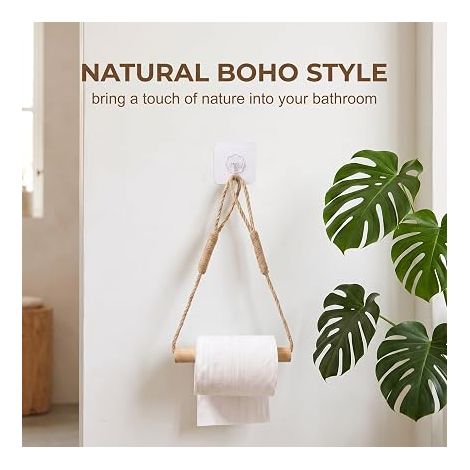 Porte Papier Toilette Mural en Bois et Corde de Jute, Dérouleur Papier Toilette sans Perçage, Support Papier Toilette pour WC et Salle de Bain (1/5)