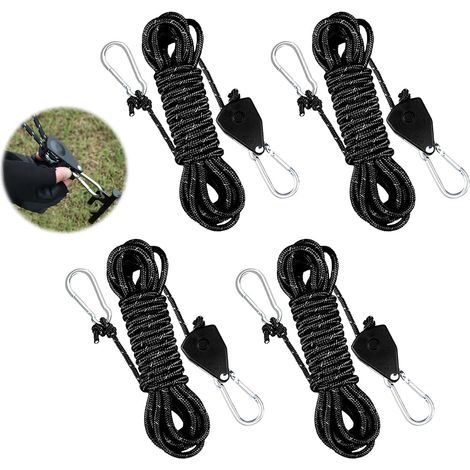 Cordes de haubanage réfléchissantes avec tendeur, corde de camping de 4 m avec tendeur, cliquet réglable, cliquet avec crochet, cordes à cliquet réfléchissantes, corde de tente transparente, corde cou (1/5)
