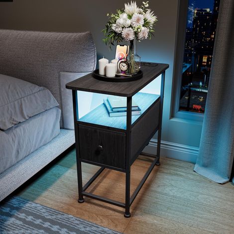 Table d'appoint avec Prise Électrique et USB C, Table de Chevet LED, Bout de Canapé avec Tiroir, Station de Charge Intégrée, Rangement 3 Niveaux, Structure Métal - Noir