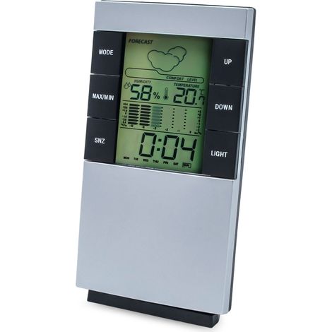 Digitale Wetterstation 5in1 silber für Innenräume zum Hängen oder Aufstellen - 14 x 8 cm - Hygrometer mit Uhr Wecker und Wettervorhersage batteriebetrieben