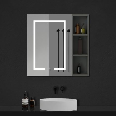 Ocean Armoire Miroir Salle de Bain LED avec Prise Rasoir, 70x40cm, Anti-Buée et 3 Tons LED, avec armoire latérale, anthracite