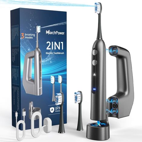 Brosse à Dent Electrique avec Jet Dentaire 3 en 1 Oscillation 46° Kit Irrigateur Portable Adulte, 3+3 Modes Nettoyage, Réservoir Magnétique 155ML, 2 Têtes de Rechange, IPX7 Etanche (1/5)