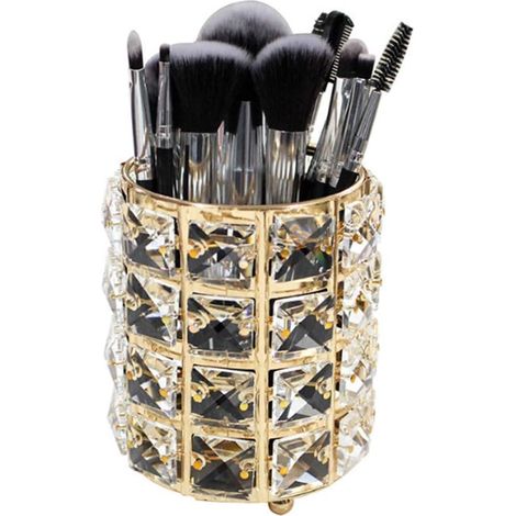 Boîte De Rangement Pour Pinceaux De Maquillage - Métal Plaqué Or Argent - 10,6 X 8,8 Cm - Cristaux Décoratifs - 1 Pièce (1/5)