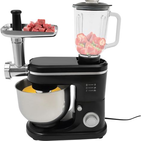 3 in 1 Küchenmaschine, 1500W Multifunktionale Knetmaschine, 6+1 Stufige Gescheindigkeit Mixer, Fleischwolf, 1.5L Saftpresse, 6L Edelstahlschüssel, Universal Küchenmaschine (Schwarz)