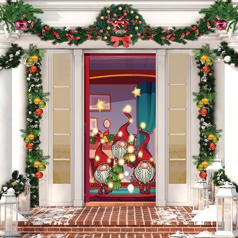 Stickers de porte de Noël, décorations de porte Père Noël, décorations de fête du Nouvel An, décorations de fêtes, banderoles/décorations de porte - 90 x 180 cm (avec trous et ruban) - Lot de 6