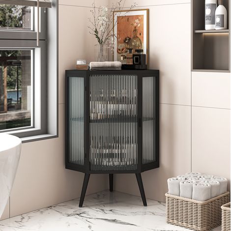 Meuble d’angle au sol 2 niveaux avec portes en verre trempé 56 x 42,5 x 80 cm noir REDOM (1/5)