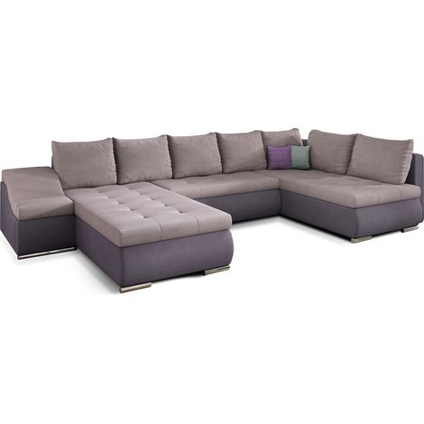 Canapé panoramique convertible JONAZ simili cuir, tissu - Rangement integré A gauche-Mauve/Rose clair-Méridienne A gauche (1/5)