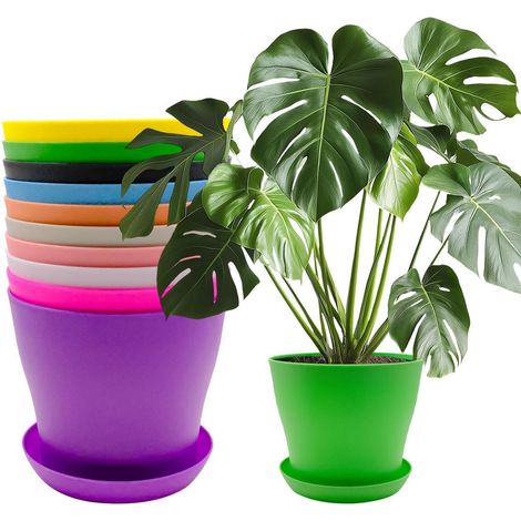 10er Set Blumentöpfe mit Untersetzer, 14cm, Kunststoff, bunt, mit Drainage (1/5)