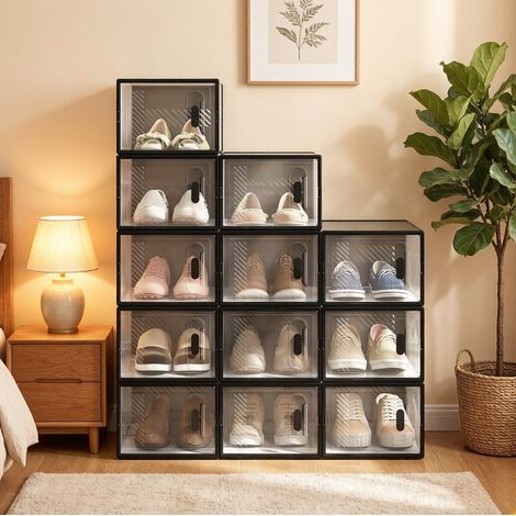 Boîtes à chaussures empilables 35.5x25x18.5 cm noir transparent en plastique lot de 12 avec ouverture frontale (1/5)