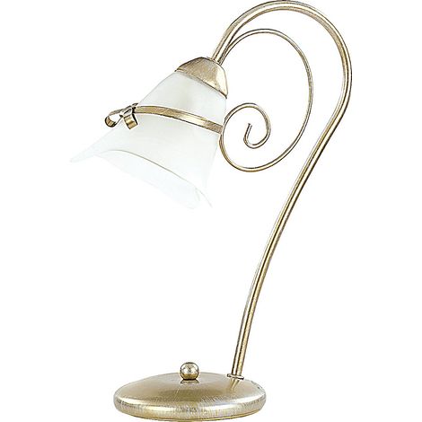Tischlampe gebogen 38 cm hoch Glas Metall in Gold Weiß E14 Floral elegant Tischleuchte