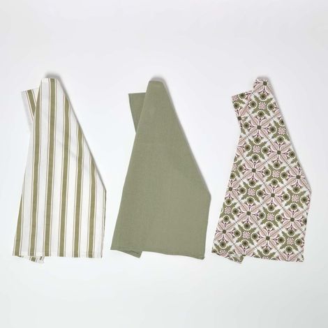 HOMESCAPES Green & Pink Retro 100% Cotton Tea Towels, Set of 3 (1/4)
