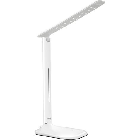 This foldable LED desk lamp rotates 180 degrees. It is a tactile, dimmable and rechargeable accessory.