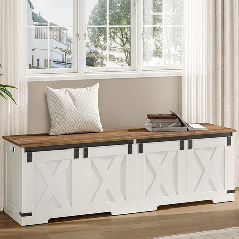 Banc de Rangement 40 x 150 x 48,5 cm Blanc Marron, Coffre de Rangement, 2 Charnières Stables, Banc à Chaussures pour L'entrée, La Chambre, Le Salon, Blanc Marron (1/5)