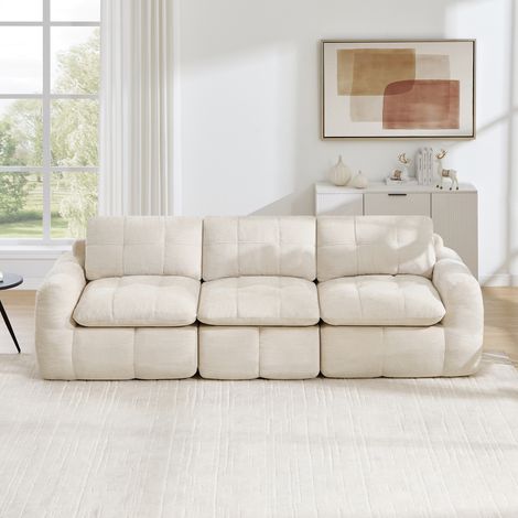 Sofá modular de 3 plazas sin estructura, con tapicería de chenilla suave al tacto, capitoné en forma de diamante y cojines de asiento y respaldo gruesos. (1/5)