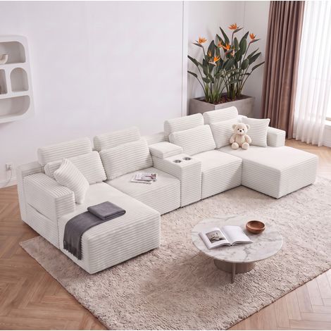 Sofá modular en U 372x151x80 cm con doble portavasos, asiento profundo y relleno de espuma - blanco (1/5)