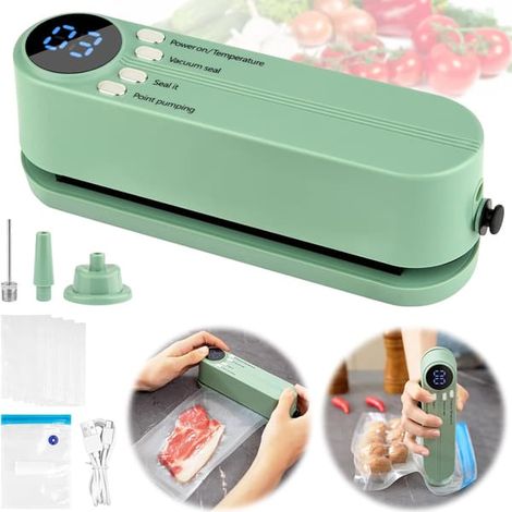 Mini aspirateur alimentaire 3 en 1 sans fil et rechargeable pour la mise sous vide des aliments secs et humides, livré avec 4 sacs à goûter. (1/5)