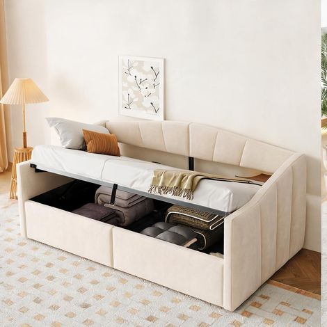 Cadre de lit beige en upholstered 212 x 95 x 62 cm (1/5)