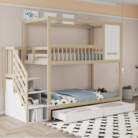 Letto a castello bambini 90x200 cm con 2 cassetti, rete a doghe e scala contenitore, naturale, materasso non incluso