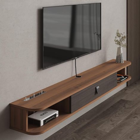 Meuble TV flottant, étagère murale avec porte, console multimédia moderne, grand banc de rangement pour salon et bureau (120 cm, marron foncé) (1/5)