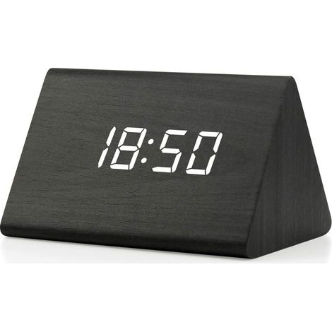 Réveil numérique, réveil en bois, horloge de bureau numérique triangulaire moderne en bois, affiche l'heure, la date, la température et le calendrier. (1/5)