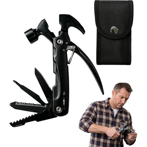 Marteau Multifonction 12 en 1, Outil Multifonction avec Pince, Couteau, Scie, Tournevis et Décapsuleur, Étui en Nylon, Accessoire Compact pour Camping, Voiture, Bricolage (1/5)