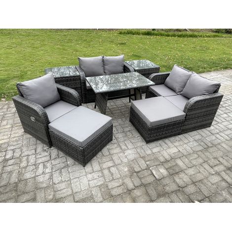 Fimous 7 Seater Outdoor Garden Dining Sets Rattan Furniture With Dining Table Armchairs Love Sofa 2 Big Footstool 2 Side Tables Dark Grey Mixed (1/5)