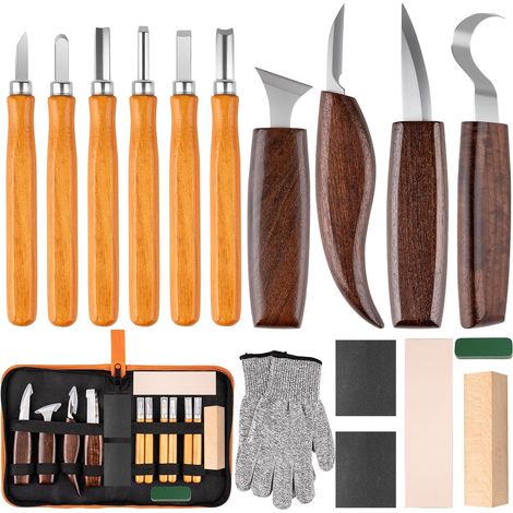 Ensemble d'outils de sculpture sur bois - comprend 4 couteaux à sculpter le bois et 6 ciseaux à bois, outils de travail du bois. (1/4)