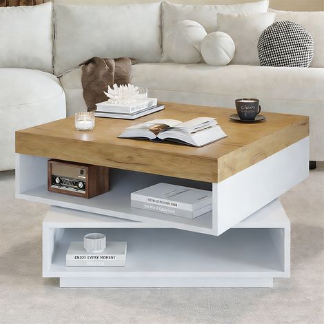 Table Basse Carrée Pivotante 360° 65x65x40cm Blanc Bois avec LED et Rangement Ouvert
