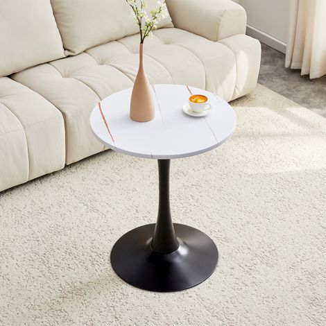 Mesa auxiliar redonda de 60 cm / mesa de comedor pequeña fabricada en MDF: Tablero con tecnología de termoformado de alta calidad, aspecto de vetas blancas, pata de soporte negra: perfecta para espaci