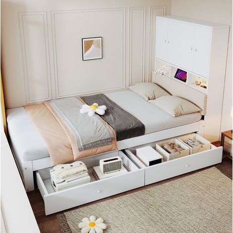 Cama infantil 90x200 cm con LED, enchufe y almacenamiento, 2 cajones, cabecero acolchado, madera - blanco (1/5)