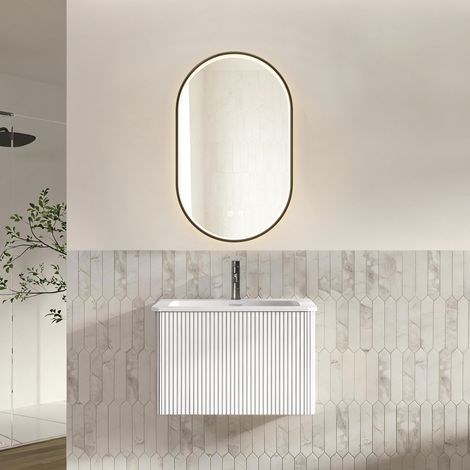 Conjunto de baño suspendido blanco con lavabo integrado y espejo LED de 61 cm (1/5)