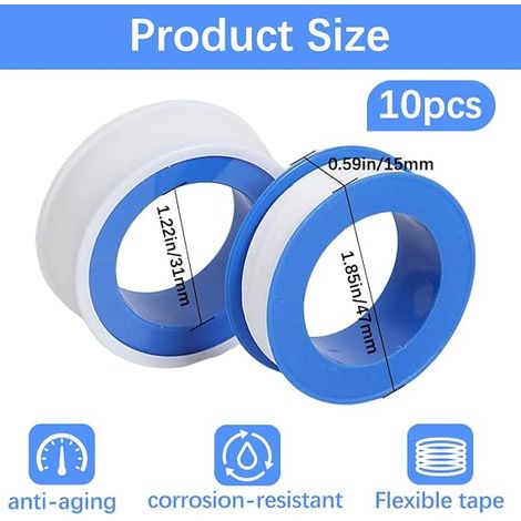 Ruban 10 M X 12 Mm – Ptfe D'Étanchéité Pour Plomberie, Cuisine, Salle De Bain, Piscine, Industrie (Blanc) (1/4)