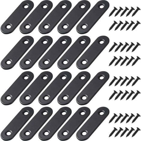 Staffe di fissaggio piatte e dritte, staffe metalliche piatte con viti per legno, mobili, riparazione di armadi, 50 x 16 mm, nere, 20 pezzi (1/4)