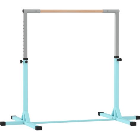 Barre de gymnastique, barre fixe réglable en hauteur sur 13 niveaux, supportant jusqu'à 75 kg, acier, hêtre, bleu clair