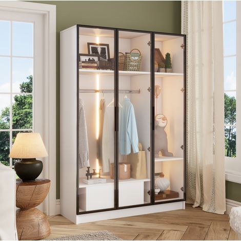 Armario blanco 110 x 50 x 160 cm con 3 puertas de vidrio, 1 cajón, barra y LED (1/5)