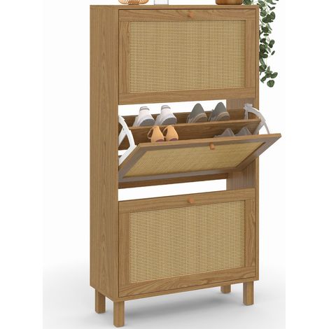 Idmarket – Meuble à chaussures 3 portes effet cannage – Capacité 18 paires – Dimensions 60x23,5x118 cm – Structure panneaux de particules