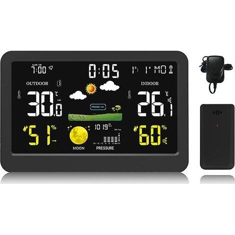 Horloge météo à écran couleur sans fil Compteur de température et d'humidité intérieure et extérieure Horloge de contrôle du son Horloge de prévision météo (1/5)