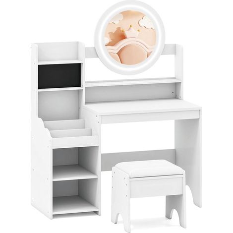 Coiffeuse pour enfants 84 x 37 x 107 cm avec miroir éclairé et rangement organisé moderne en MDF blanc